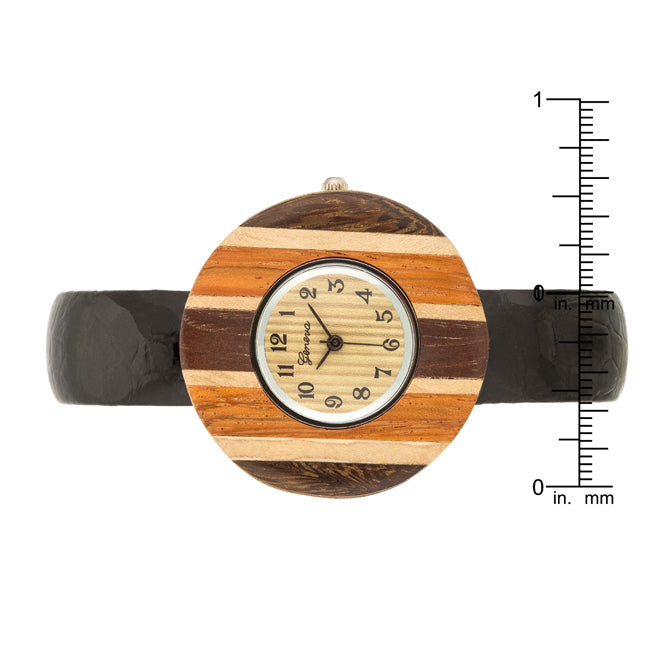 ShineHigh Brenna Black Wood Inspired Leather Cuff Watch
