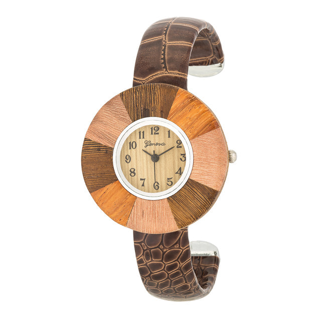 ShineHigh Brenna Dark Brown Wood Inspired Leather Cuff Watch