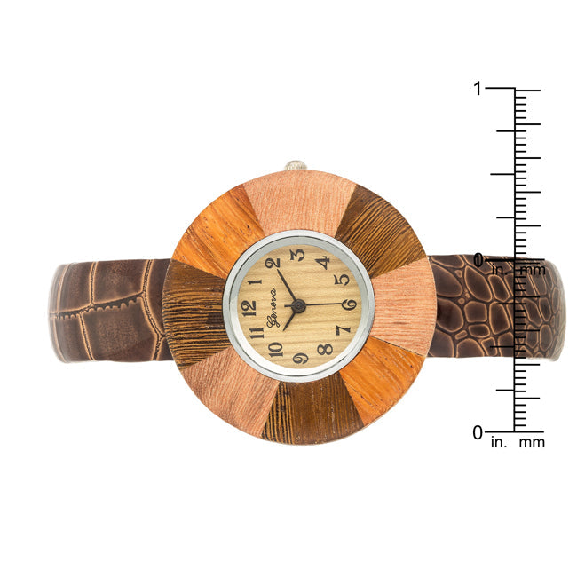 ShineHigh Brenna Dark Brown Wood Inspired Leather Cuff Watch