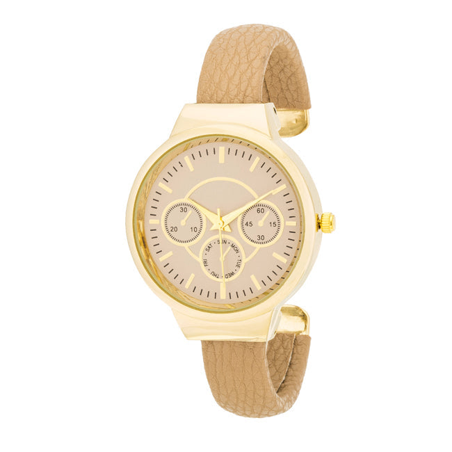ShineHigh Reyna Gold Beige Leather Cuff Watch