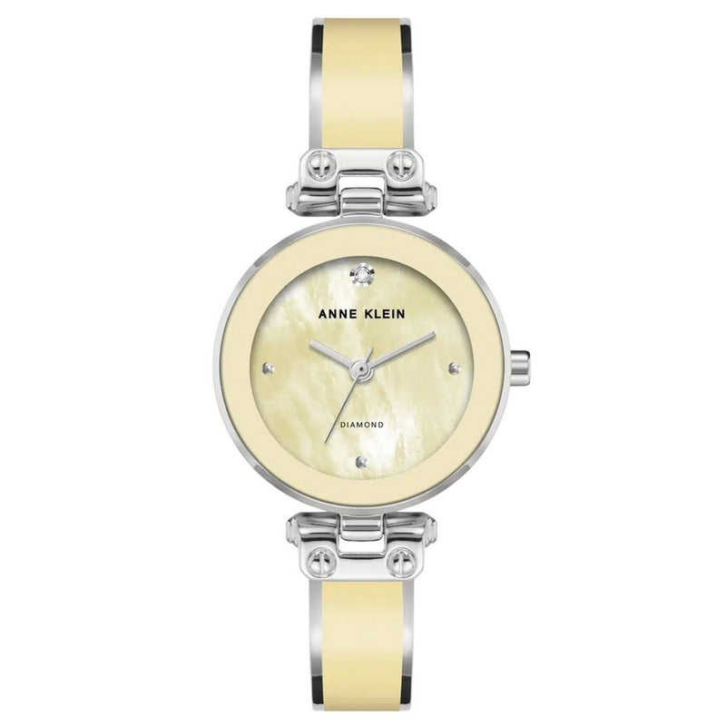 Anne Klein Women's Accented AK/1981YLSV Bracelet Yellow Dial Quartz Movement Fold over Clasp 30mm Round Watch