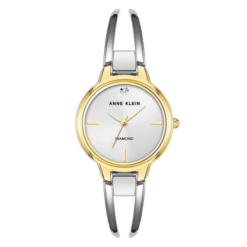 Anne Klein Women's Bangle AK/2627SVTT Bracelet White Dial Quartz Movement Fold over Clasp 30mm Round Watch