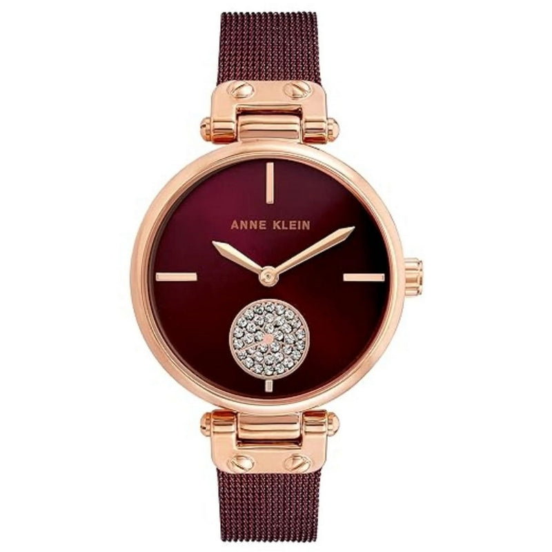 Anne Klein Women's Crystal AK/3000RGBY Bracelet Burgundy Dial Quartz Movement Fold over Clasp 34mm Round Watch