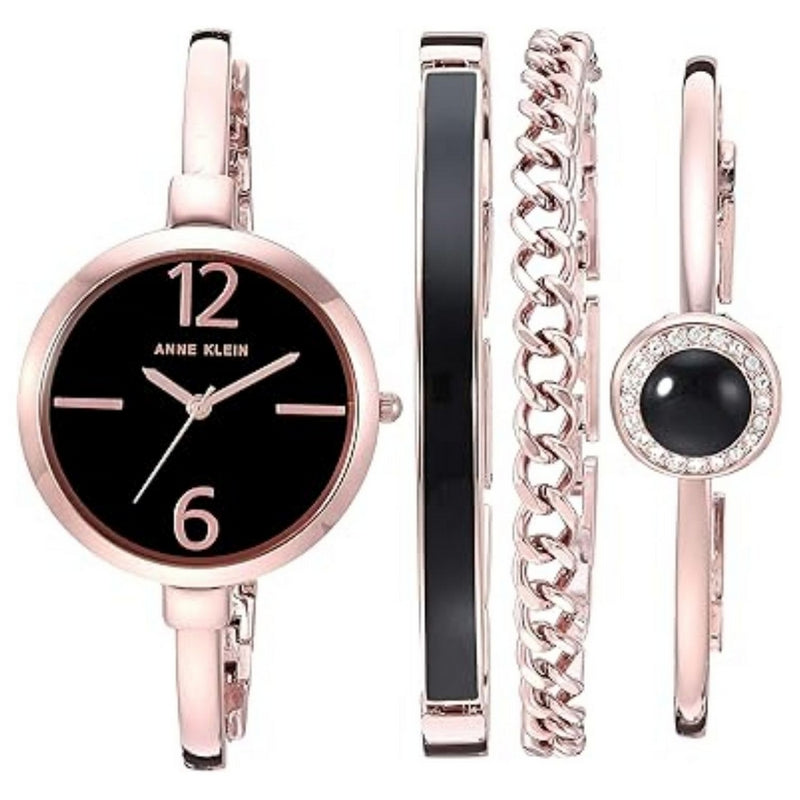 Anne Klein Women's Bangle AK/3290BKST Bracelet Black Dial Quartz Movement Fold over Clasp 32mm Round Watch