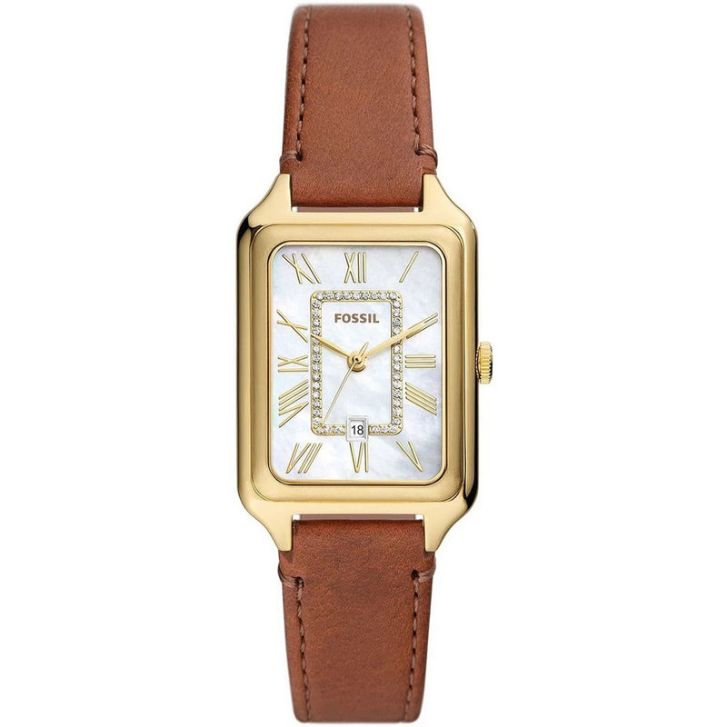 Fossil Women's Raquel ES5307 Strap White MOP Dial Quartz Movement Buckle Clasp 26mm Rectangle Watch