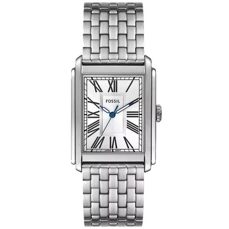 Fossil Men's Carraway FS6008 Bracelet Silver Dial Quartz Movement Foldover Clasp 30mm Rectangle Watch