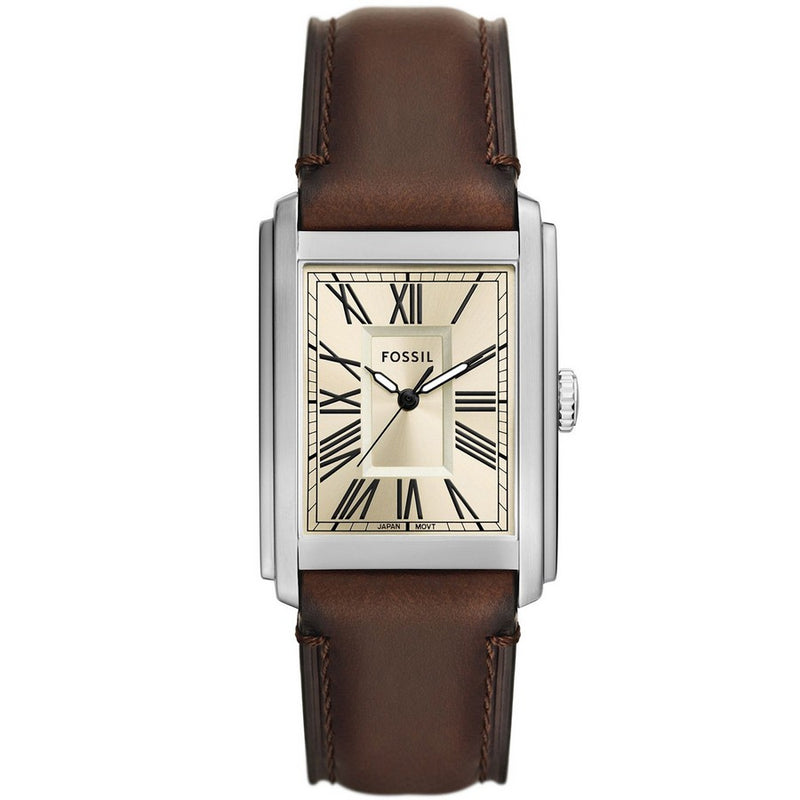 Fossil Men's Carraway FS6012 Strap Beige Dial Quartz Movement Buckle Clasp 30mm Rectangle Watch