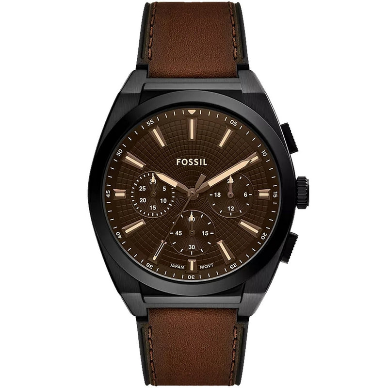 Fossil Men's Everett Chronograph FS6108 Strap Brown Dial Quartz Movement Buckle Clasp 44mm Round Watch