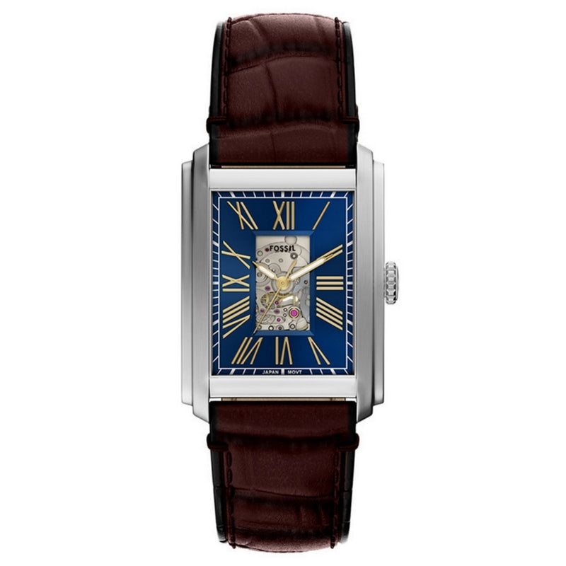 Fossil Men's Carraway ME3273 Strap Blue Dial Automatic Movement Buckle Clasp 30mm Rectangle Watch