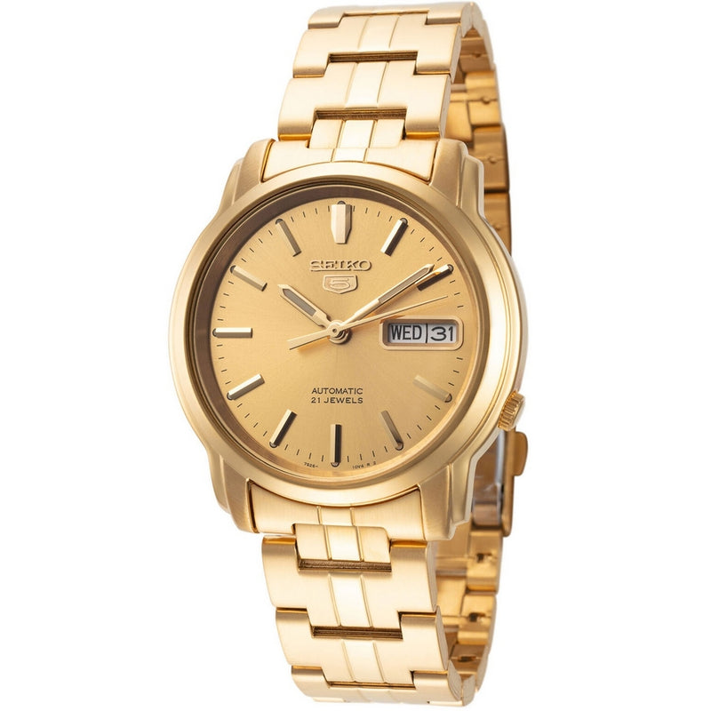 Seiko Men's Series 5 SNKK76K1 Bracelet Gold Dial Automatic Movement Foldover Clasp 43mm Round Watch