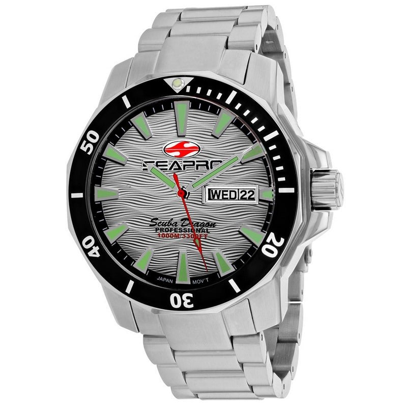Seapro Men's Scuba Dragon Diver Limited Edition 1000 Meters SP8312S Bracelet Silver Dial Quartz Movement Fold over Clasp 48mm Round Watch