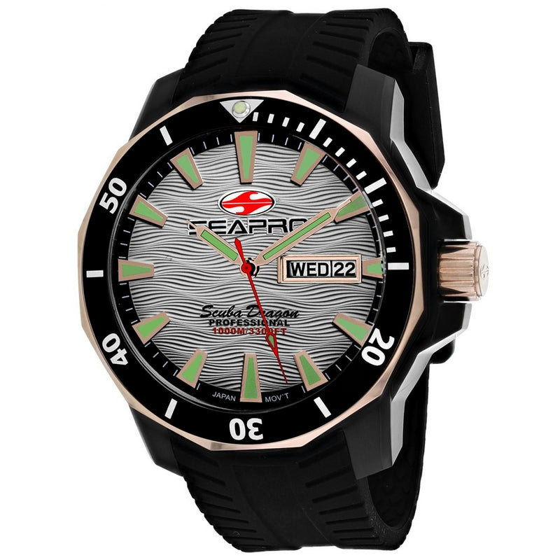 Seapro Men's Scuba Dragon Diver Limited Edition 1000 Meters SP8321 Strap Silver Dial Quartz Movement Tang Buckle Clasp 48mm Round Watch