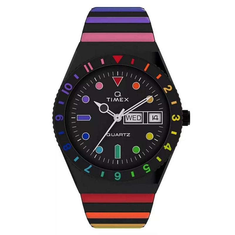 Timex Women's Q Timex Rainbow TW2V65900 Bracelet Black Dial Quartz Movement Fold over Clasp 36mm Round Watch