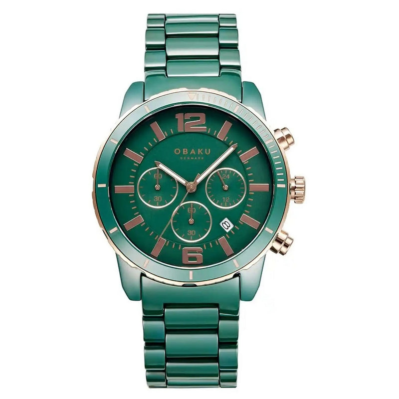 Obaku Men's Falk V278GCEECE Bracelet Green Dial Quartz Movement Fold over Clasp 44mm Round Watch