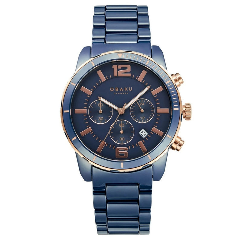 Obaku Men's Falk V278GCSLCL Bracelet Blue Dial Quartz Movement Fold over Clasp 44mm Round Watch