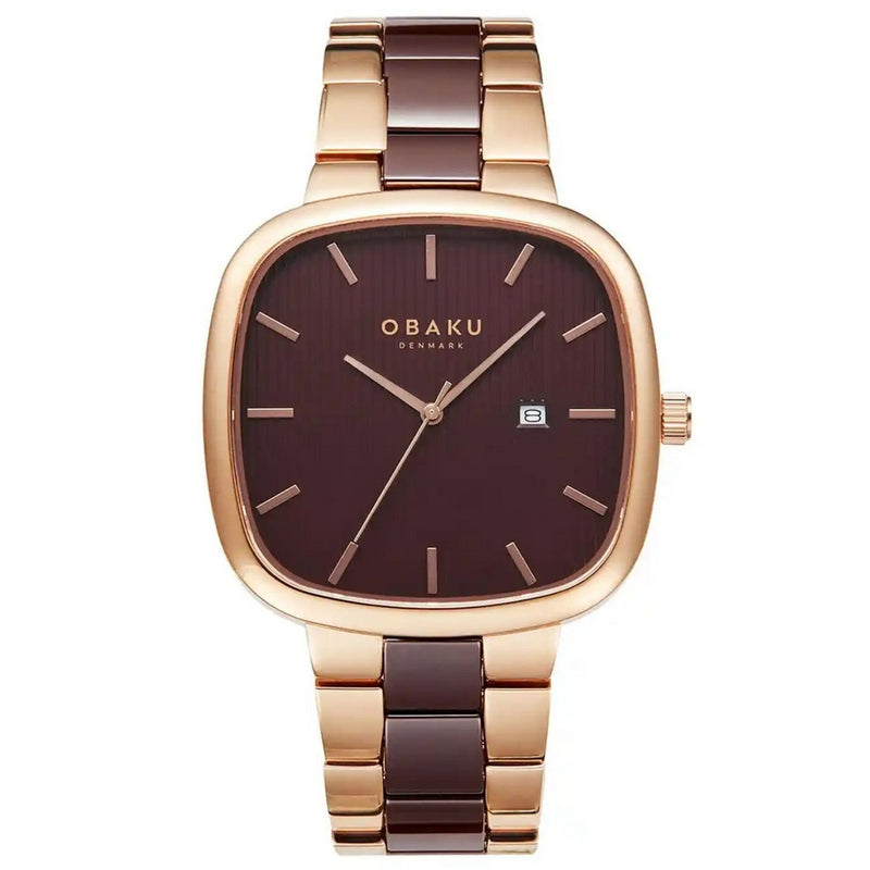 Obaku Men's Timian V282GDVNCN Bracelet Brown Dial Quartz Movement Fold over Clasp 42mm Square Watch