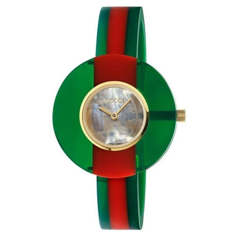 Gucci Women's Vintage YA143403 Strap Gold Dial Quartz Movement Buckle Clasp 35mm Round Watch